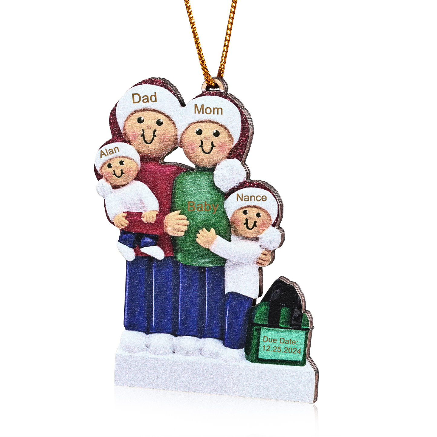 Holz Personalisierte 3-6 Namen & Datum Weihnachtsornament – Familie mit schwangerer Mama Holz-Weihnachtsanhänger
