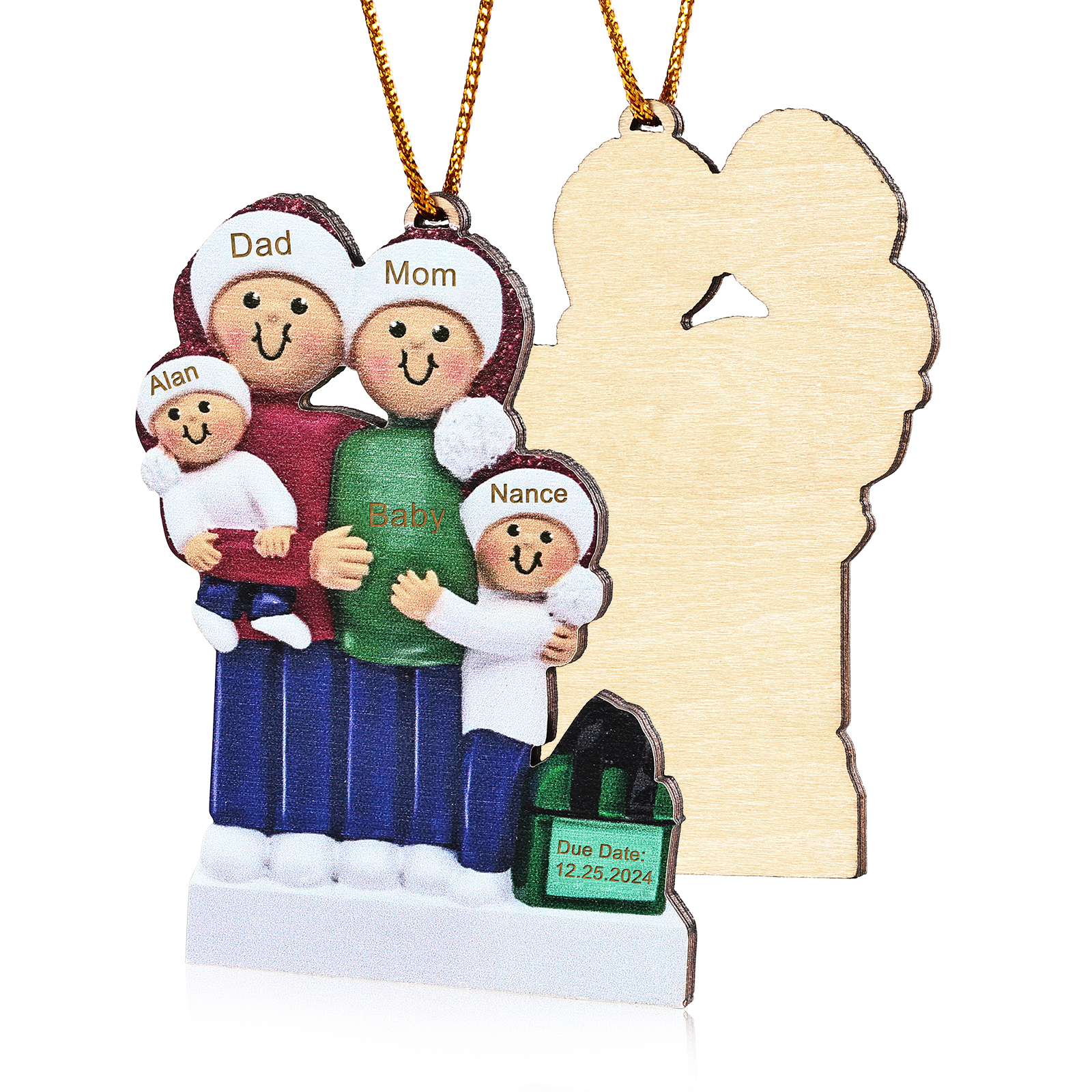 Holz Personalisierte 3-6 Namen & Datum Weihnachtsornament – Familie mit schwangerer Mama Holz-Weihnachtsanhänger
