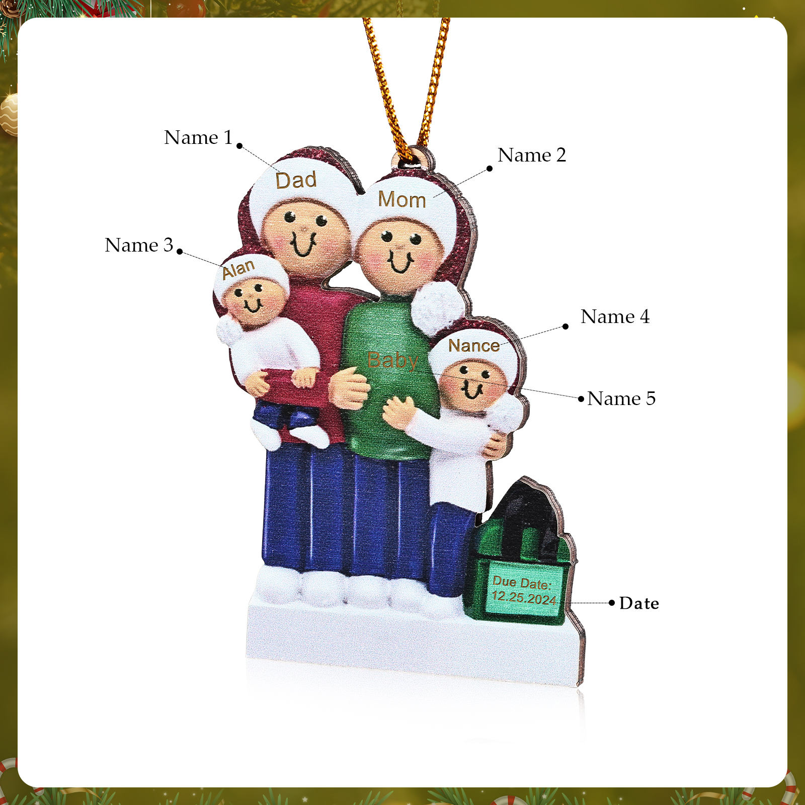 Holz Personalisierte 3-6 Namen & Datum Weihnachtsornament – Familie mit schwangerer Mama Holz-Weihnachtsanhänger