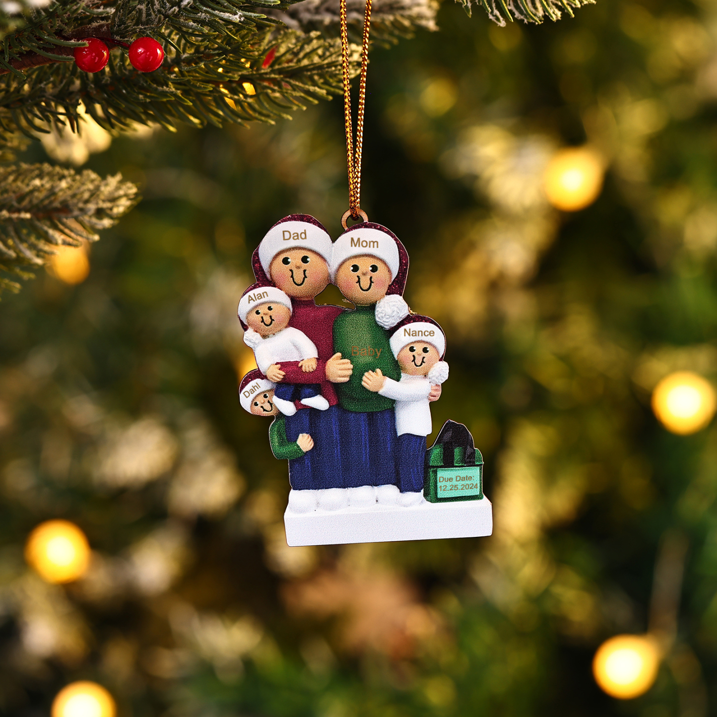 Holz Personalisierte 3-6 Namen & Datum Weihnachtsornament – Familie mit schwangerer Mama Holz-Weihnachtsanhänger