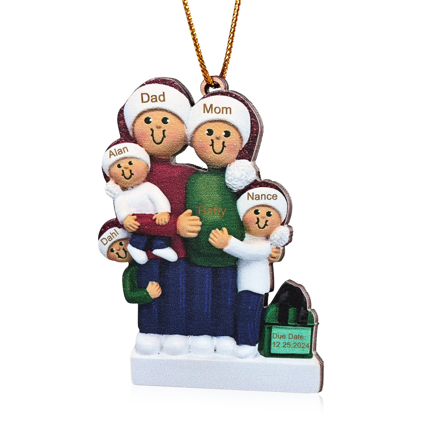 Holz Personalisierte 3-6 Namen & Datum Weihnachtsornament – Familie mit schwangerer Mama Holz-Weihnachtsanhänger