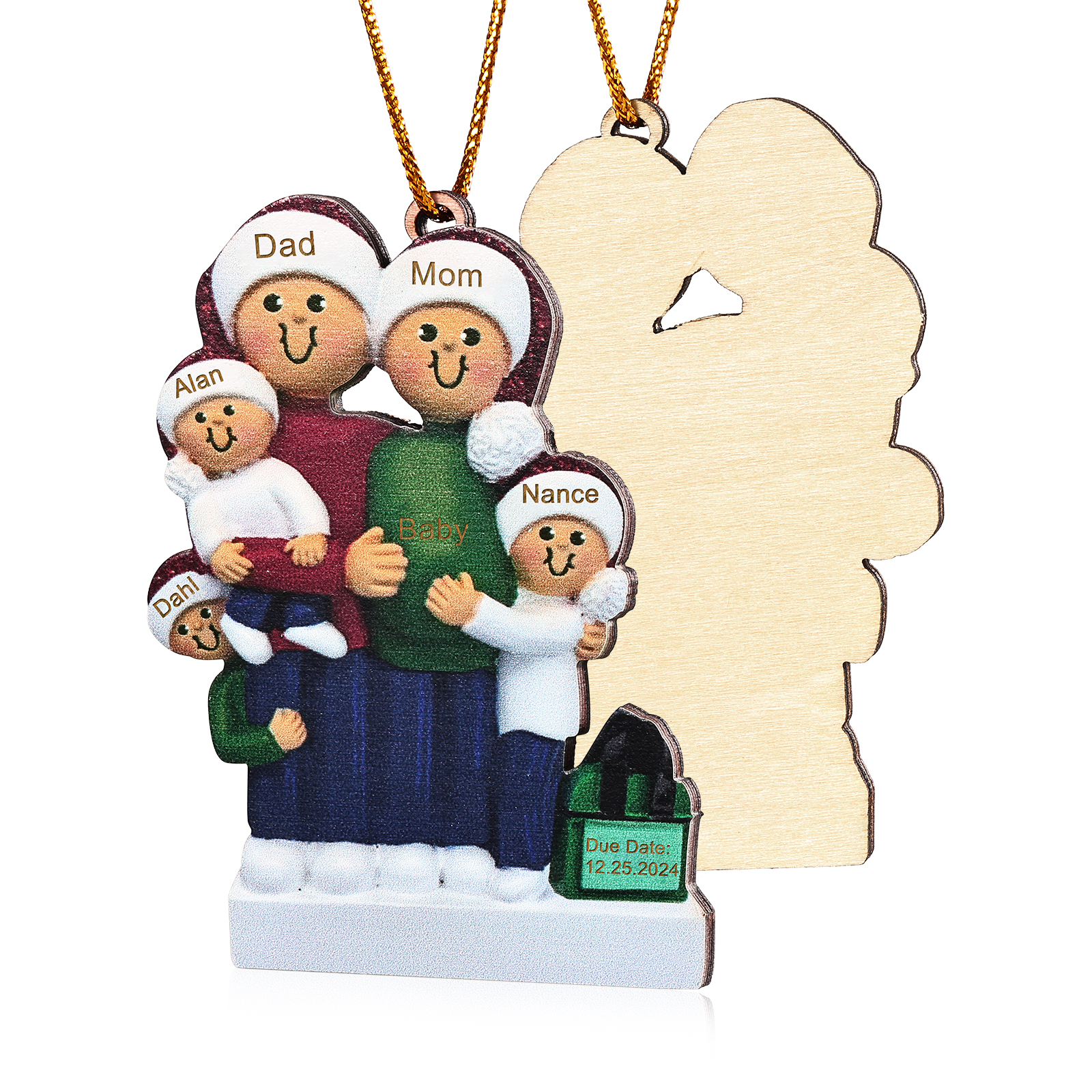 Holz Personalisierte 3-6 Namen & Datum Weihnachtsornament – Familie mit schwangerer Mama Holz-Weihnachtsanhänger