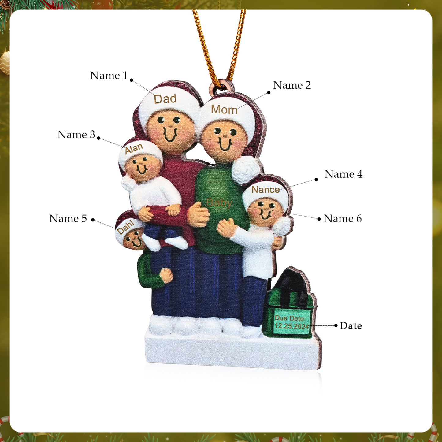 Holz Personalisierte 3-6 Namen & Datum Weihnachtsornament – Familie mit schwangerer Mama Holz-Weihnachtsanhänger
