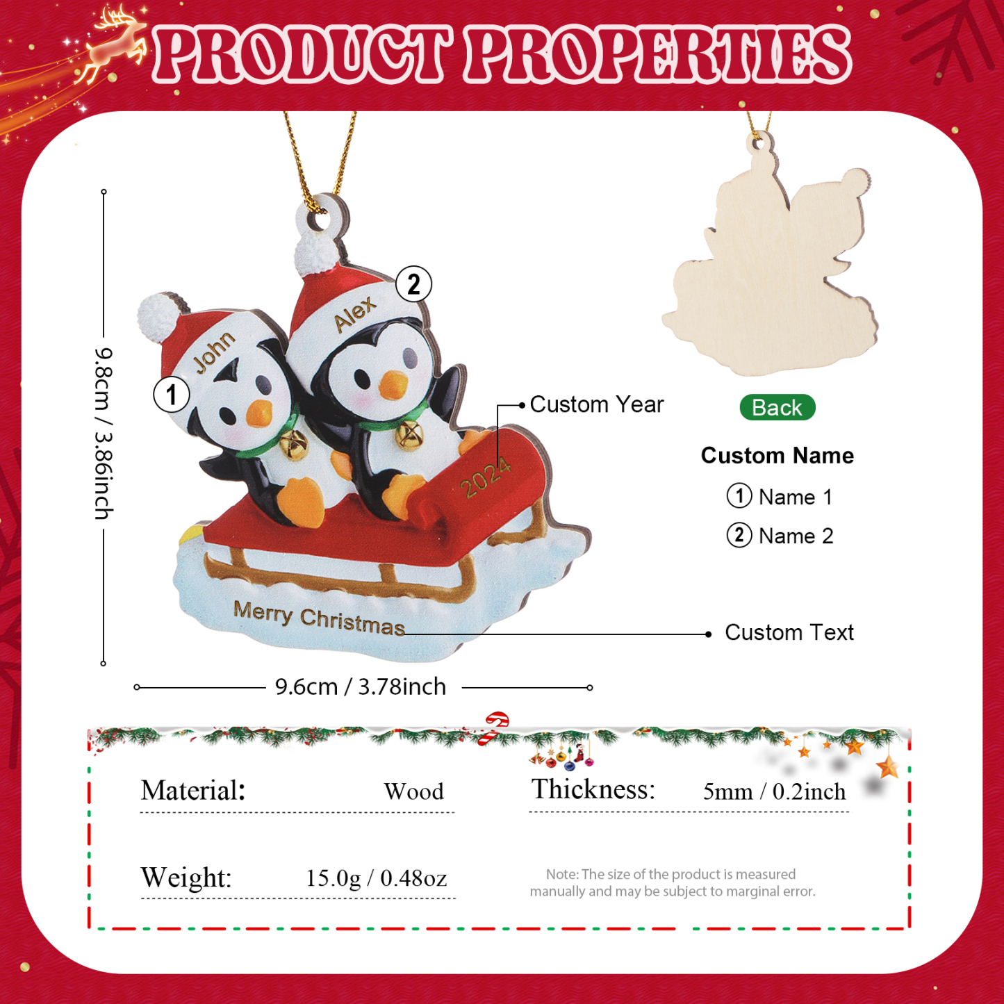 Holz Weihnachtsornament-Personalisierter Text & 2-6 Namen & Jahr niedliche Pinguin auf dem Schlitten Weihnachtsbaum-Anhänger