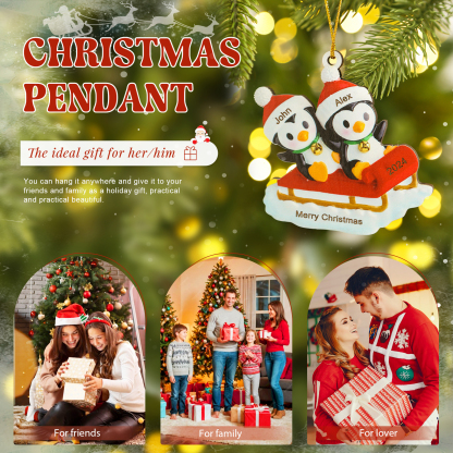 Holz Weihnachtsornament-Personalisierter Text & 2-6 Namen & Jahr niedliche Pinguin auf dem Schlitten Weihnachtsbaum-Anhänger