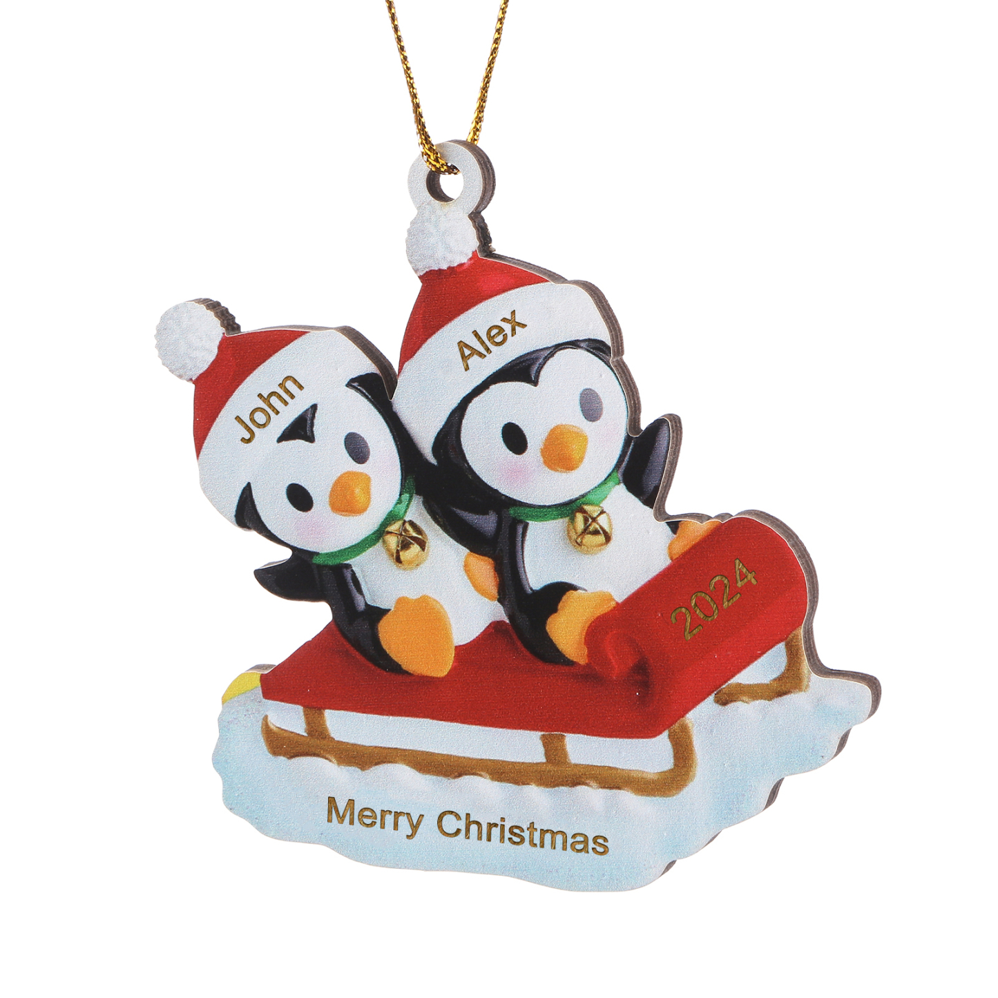 Holz Weihnachtsornament-Personalisierter Text & 2-6 Namen & Jahr niedliche Pinguin auf dem Schlitten Weihnachtsbaum-Anhänger
