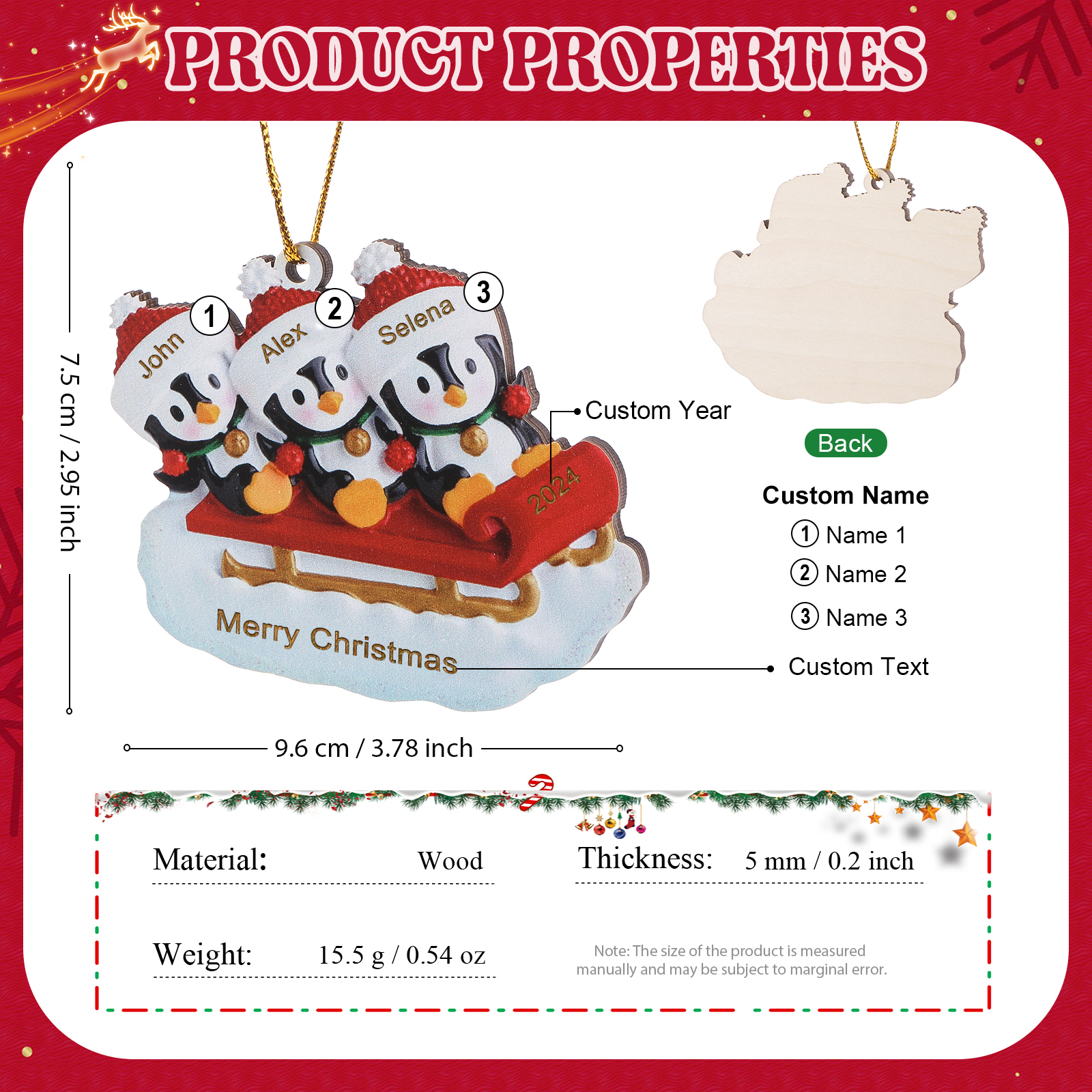 Holz Weihnachtsornament-Personalisierter Text & 2-6 Namen & Jahr niedliche Pinguin auf dem Schlitten Weihnachtsbaum-Anhänger