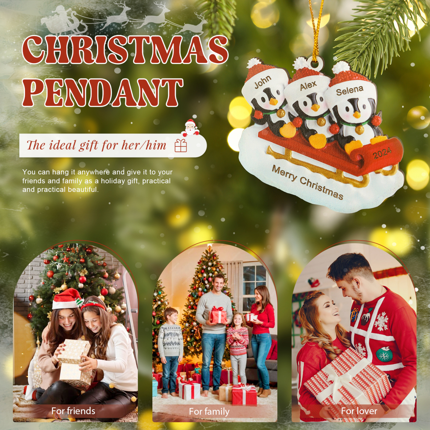 Holz Weihnachtsornament-Personalisierter Text & 2-6 Namen & Jahr niedliche Pinguin auf dem Schlitten Weihnachtsbaum-Anhänger