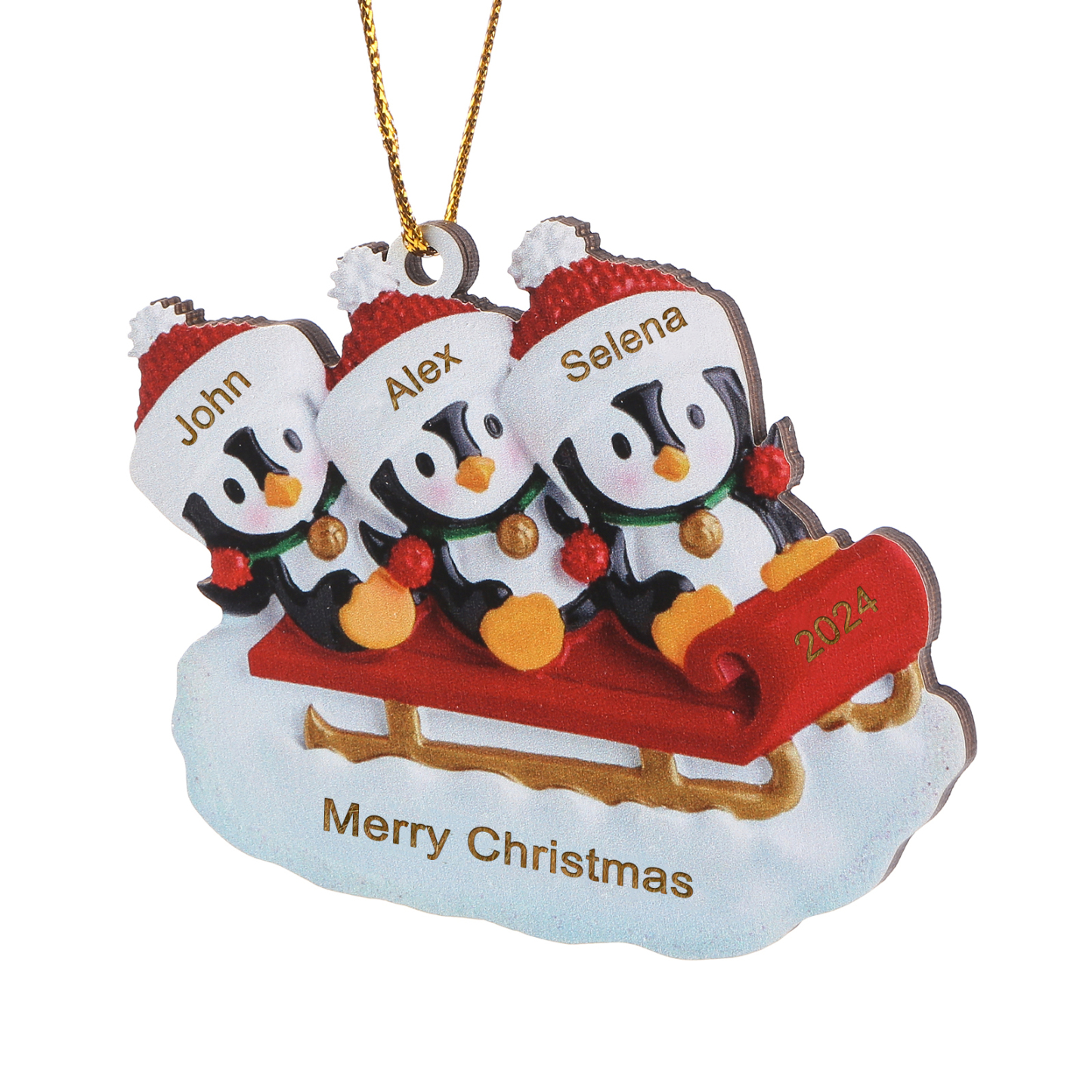 Holz Weihnachtsornament-Personalisierter Text & 2-6 Namen & Jahr niedliche Pinguin auf dem Schlitten Weihnachtsbaum-Anhänger
