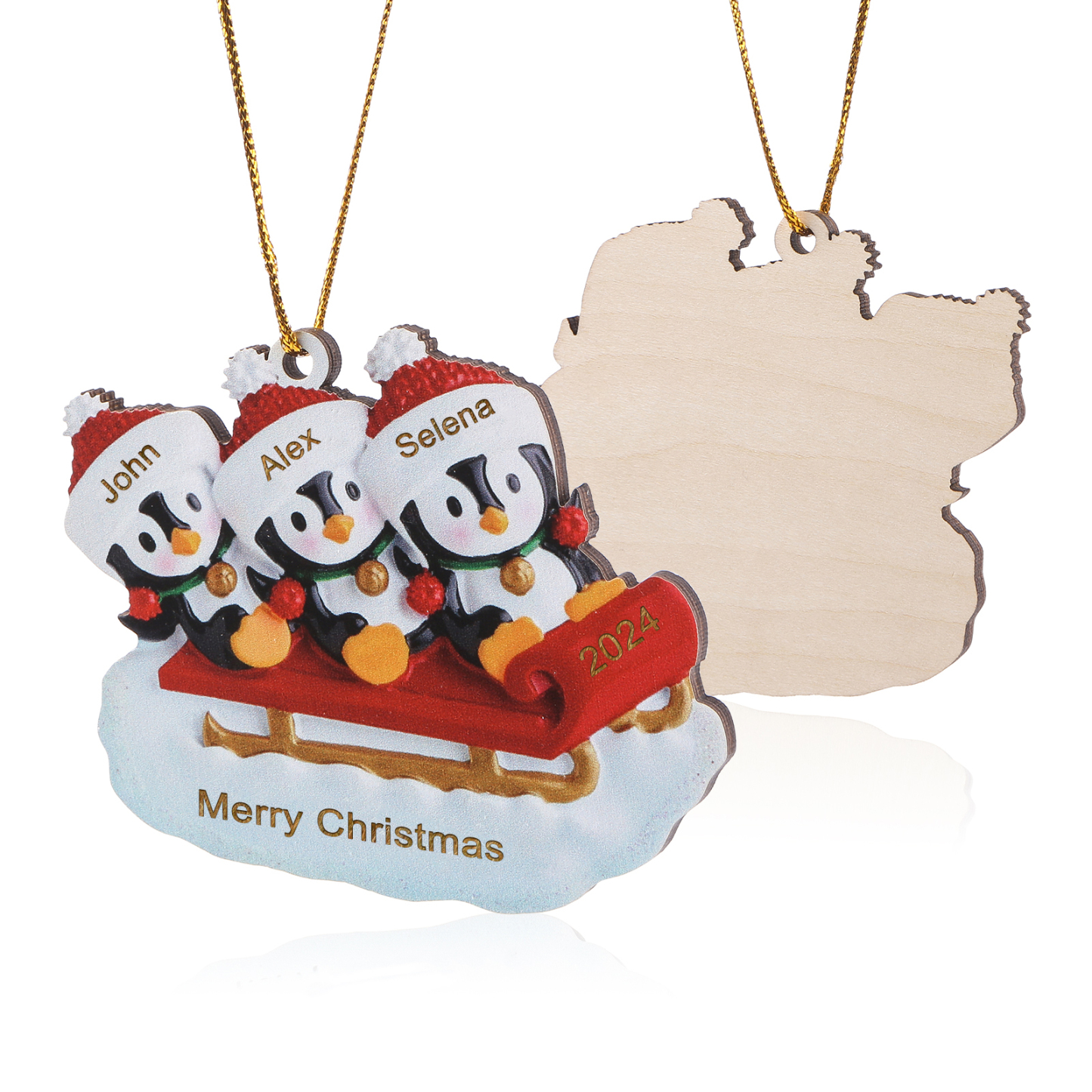 Holz Weihnachtsornament-Personalisierter Text & 2-6 Namen & Jahr niedliche Pinguin auf dem Schlitten Weihnachtsbaum-Anhänger