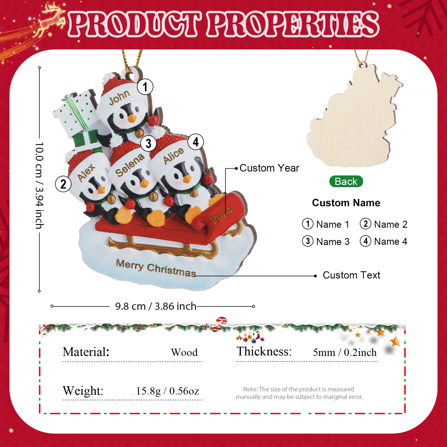 Holz Weihnachtsornament-Personalisierter Text & 2-6 Namen & Jahr niedliche Pinguin auf dem Schlitten Weihnachtsbaum-Anhänger