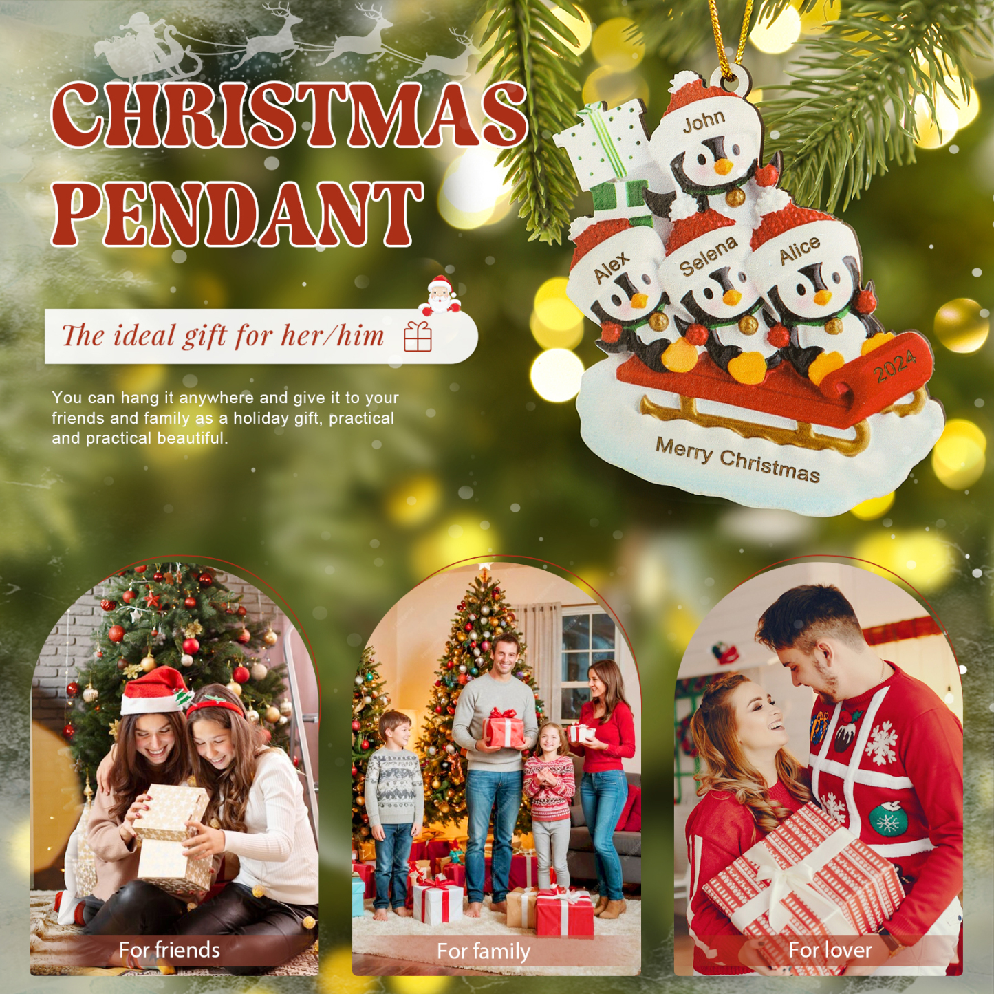 Holz Weihnachtsornament-Personalisierter Text & 2-6 Namen & Jahr niedliche Pinguin auf dem Schlitten Weihnachtsbaum-Anhänger