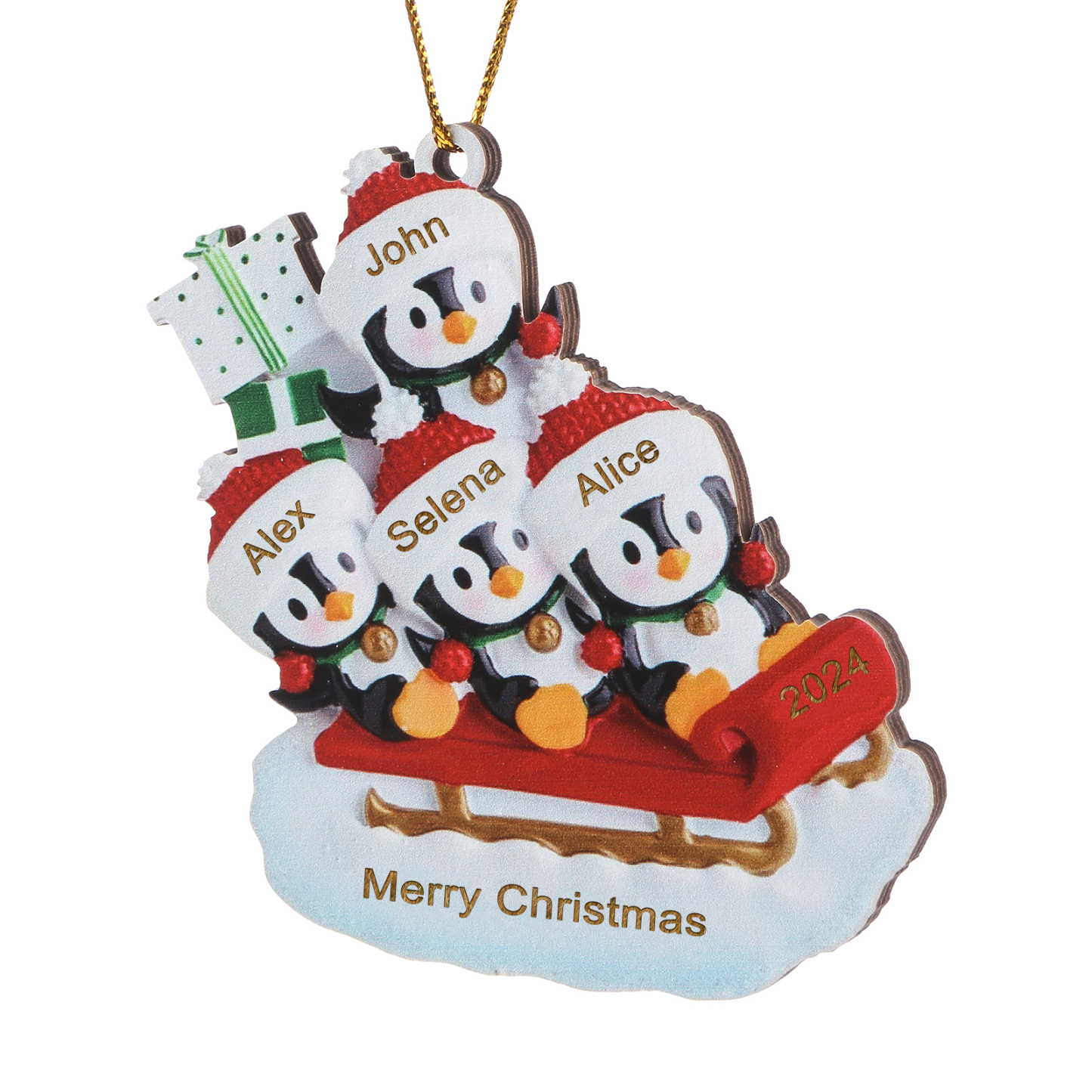 Holz Weihnachtsornament-Personalisierter Text & 2-6 Namen & Jahr niedliche Pinguin auf dem Schlitten Weihnachtsbaum-Anhänger