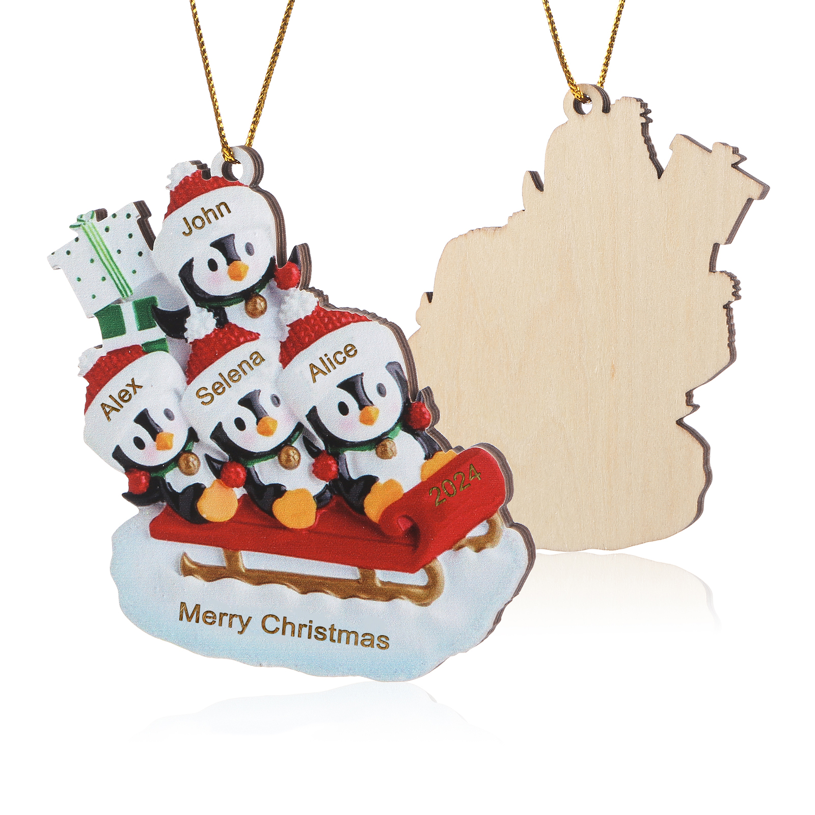 Holz Weihnachtsornament-Personalisierter Text & 2-6 Namen & Jahr niedliche Pinguin auf dem Schlitten Weihnachtsbaum-Anhänger