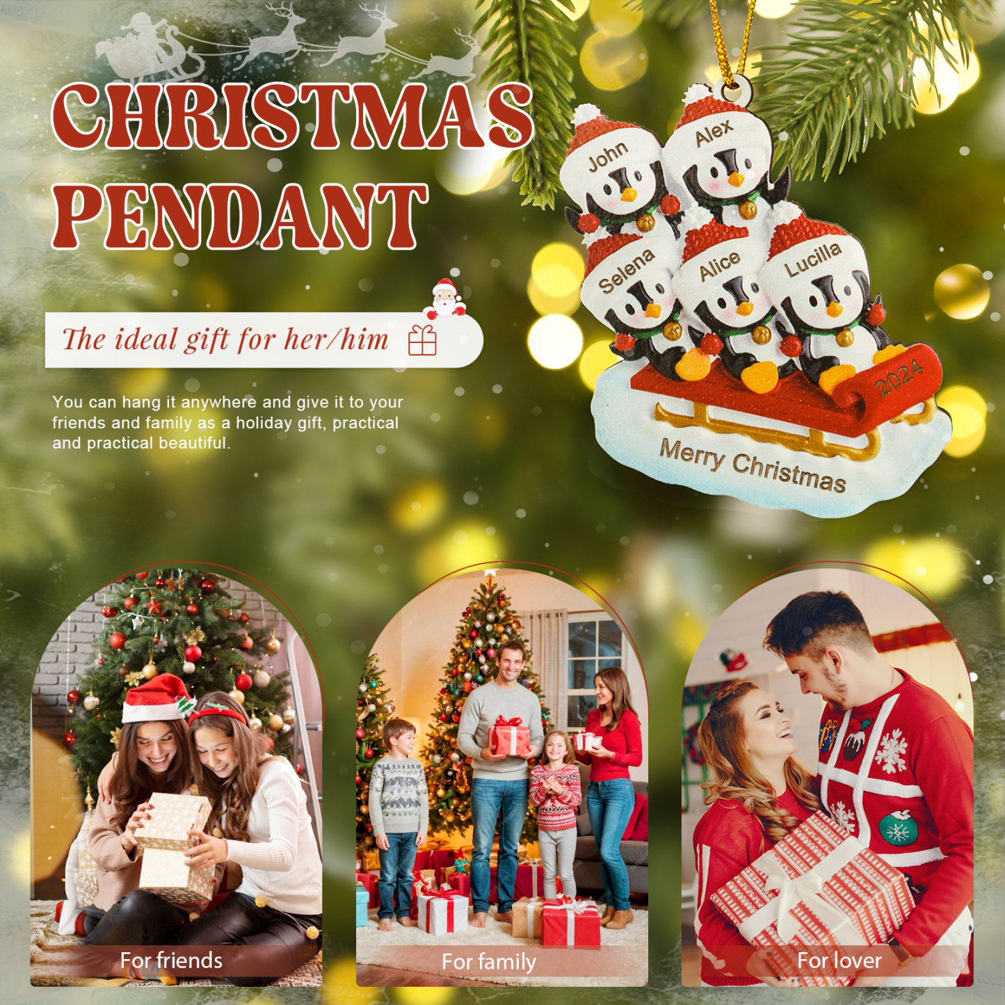 Holz Weihnachtsornament-Personalisierter Text & 2-6 Namen & Jahr niedliche Pinguin auf dem Schlitten Weihnachtsbaum-Anhänger