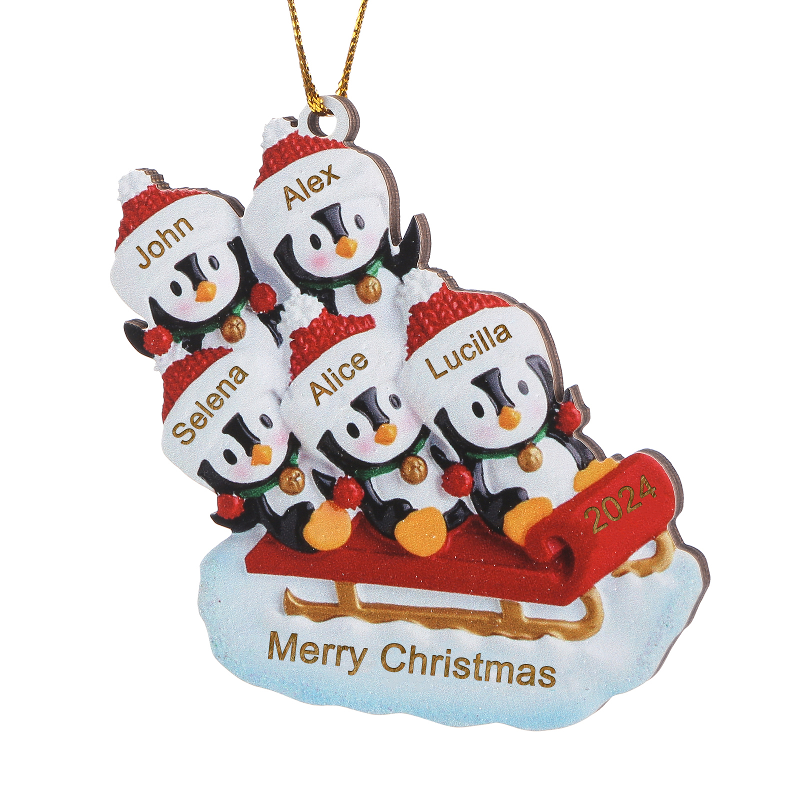 Holz Weihnachtsornament-Personalisierter Text & 2-6 Namen & Jahr niedliche Pinguin auf dem Schlitten Weihnachtsbaum-Anhänger
