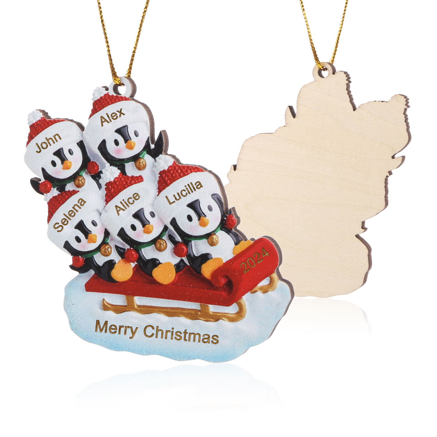 Holz Weihnachtsornament-Personalisierter Text & 2-6 Namen & Jahr niedliche Pinguin auf dem Schlitten Weihnachtsbaum-Anhänger