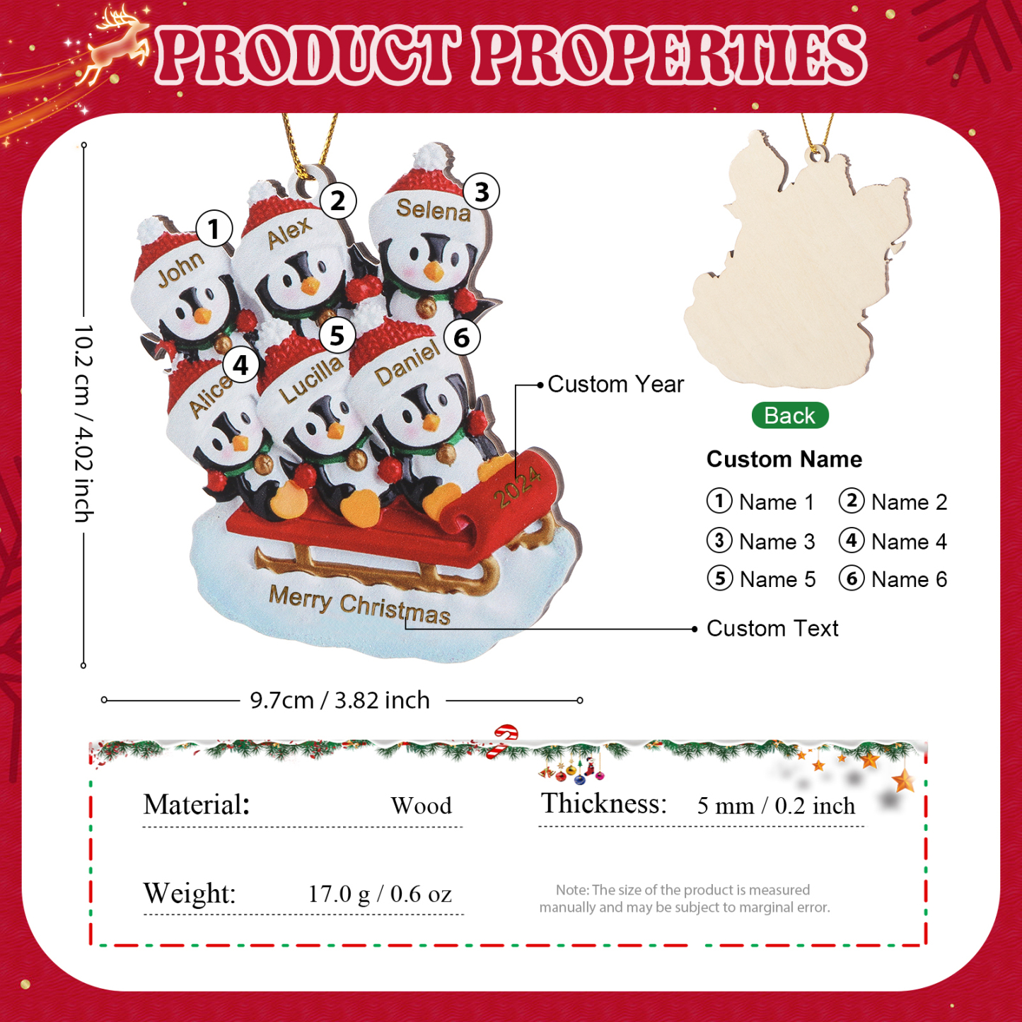 Holz Weihnachtsornament-Personalisierter Text & 2-6 Namen & Jahr niedliche Pinguin auf dem Schlitten Weihnachtsbaum-Anhänger