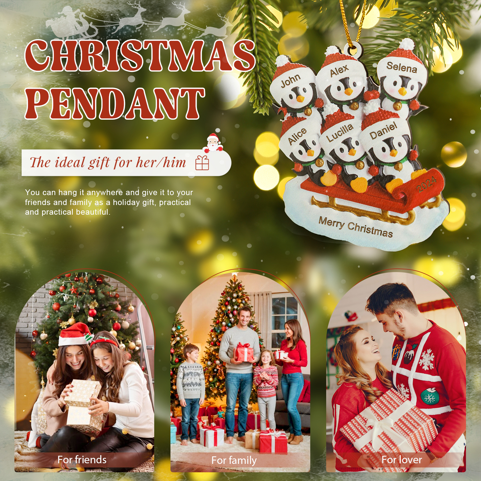 Holz Weihnachtsornament-Personalisierter Text & 2-6 Namen & Jahr niedliche Pinguin auf dem Schlitten Weihnachtsbaum-Anhänger