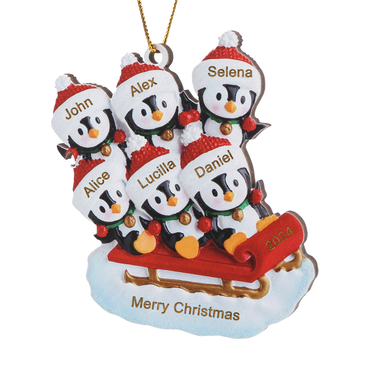 Holz Weihnachtsornament-Personalisierter Text & 2-6 Namen & Jahr niedliche Pinguin auf dem Schlitten Weihnachtsbaum-Anhänger