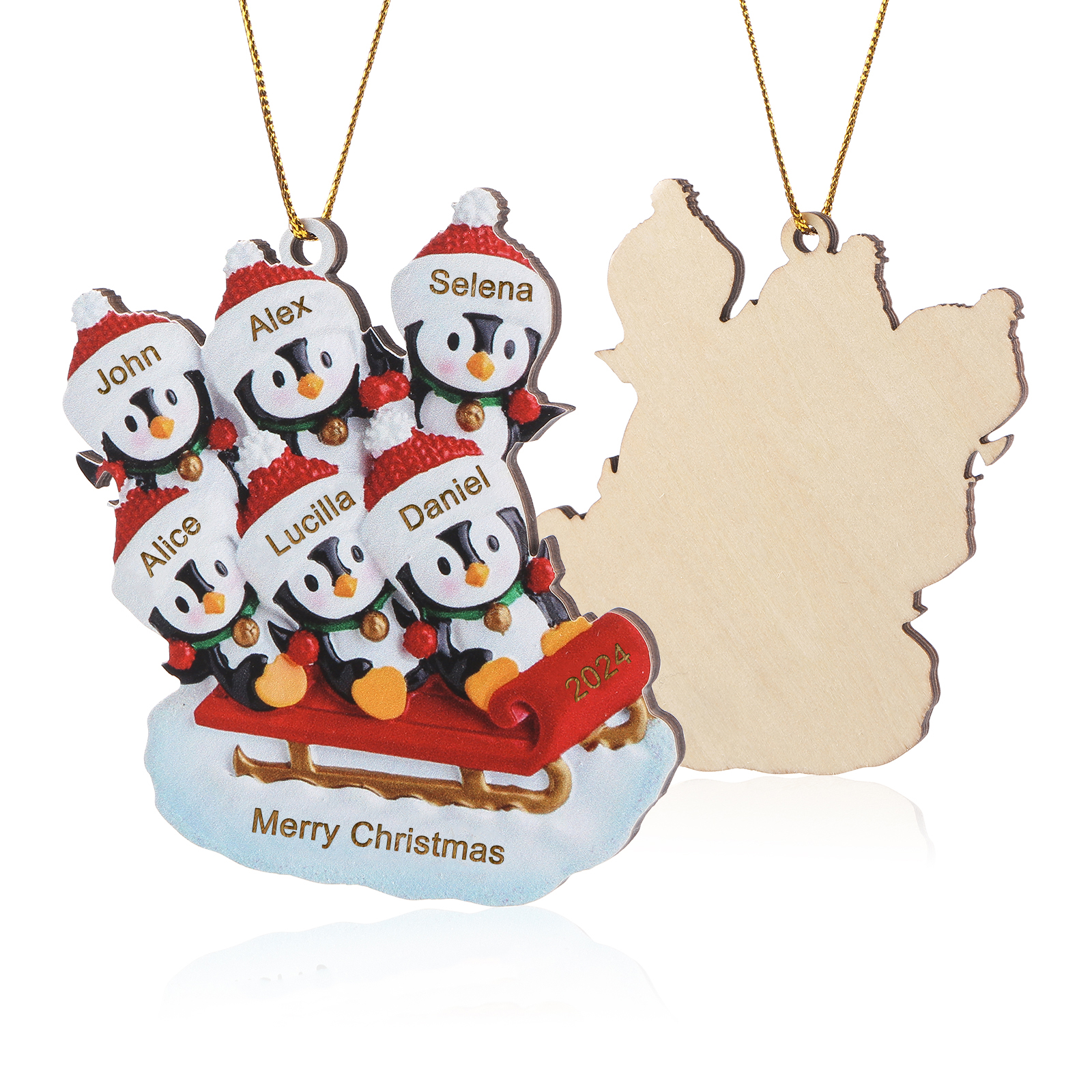 Holz Weihnachtsornament-Personalisierter Text & 2-6 Namen & Jahr niedliche Pinguin auf dem Schlitten Weihnachtsbaum-Anhänger