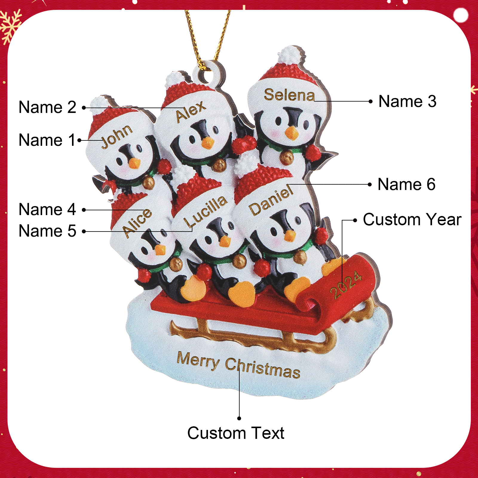 Holz Weihnachtsornament-Personalisierter Text & 2-6 Namen & Jahr niedliche Pinguin auf dem Schlitten Weihnachtsbaum-Anhänger