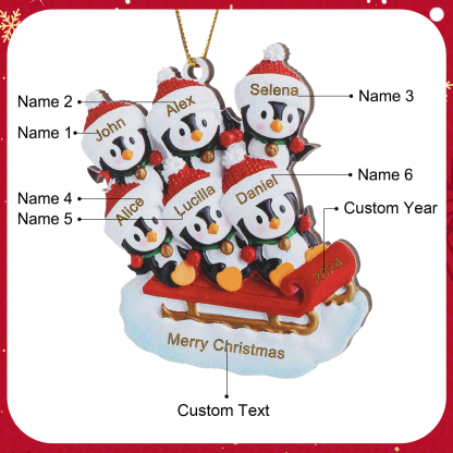 Holz Weihnachtsornament-Personalisierter Text & 2-6 Namen & Jahr niedliche Pinguin auf dem Schlitten Weihnachtsbaum-Anhänger