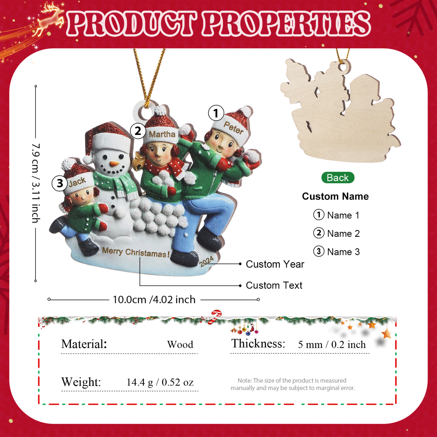 Holz Personalisierter 3-6 Namen & Text & Jahr Weihnachtsornament – Familien & Schneemann im Schnee Holzanhänger