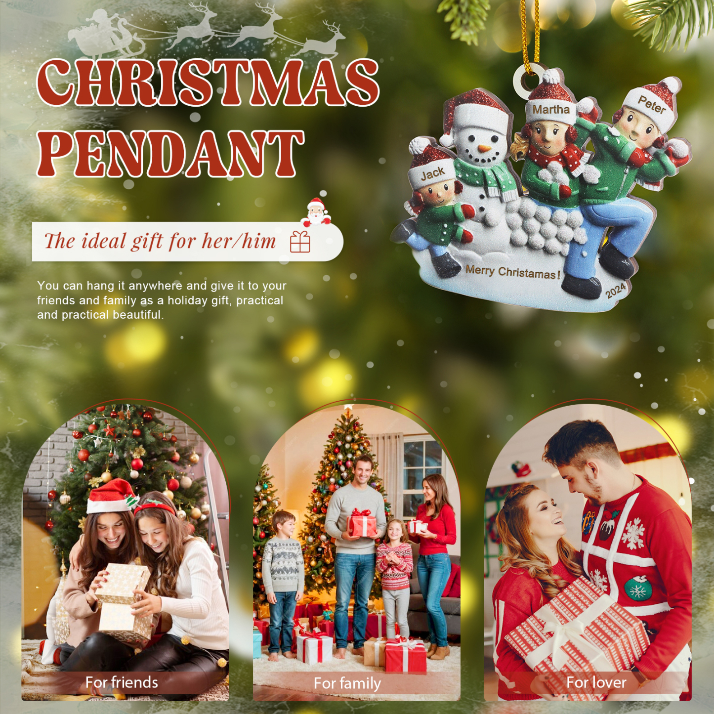 Holz Personalisierter 3-6 Namen & Text & Jahr Weihnachtsornament – Familien & Schneemann im Schnee Holzanhänger
