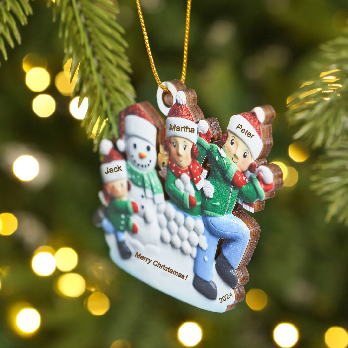 Holz Personalisierter 3-6 Namen & Text & Jahr Weihnachtsornament – Familien & Schneemann im Schnee Holzanhänger