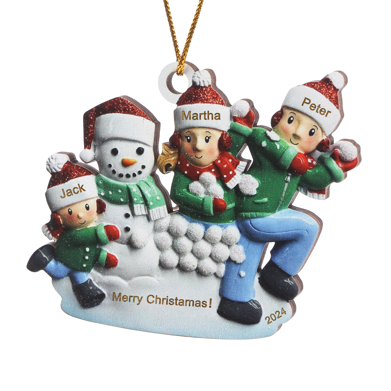 Holz Personalisierter 3-6 Namen & Text & Jahr Weihnachtsornament – Familien & Schneemann im Schnee Holzanhänger
