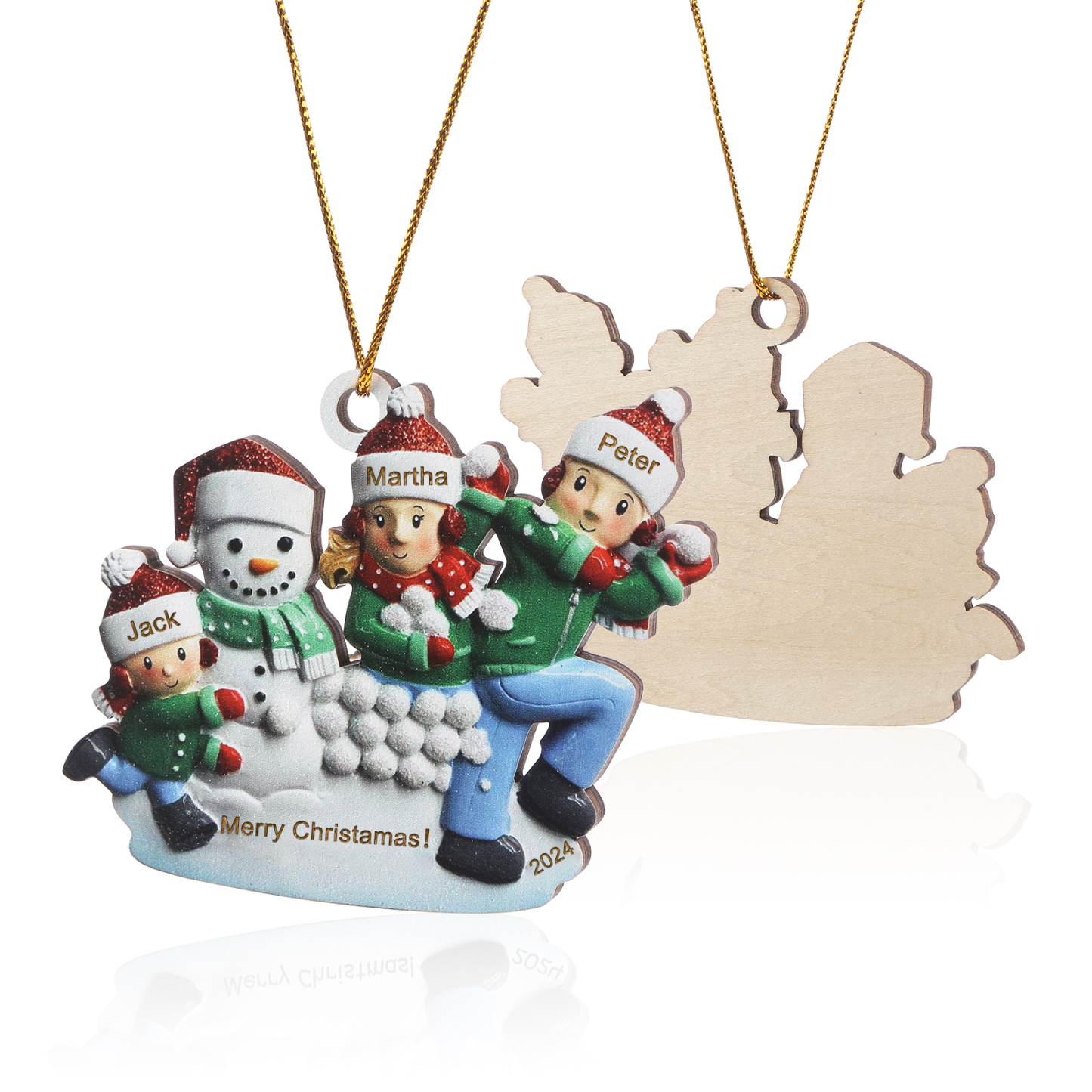 Holz Personalisierter 3-6 Namen & Text & Jahr Weihnachtsornament – Familien & Schneemann im Schnee Holzanhänger