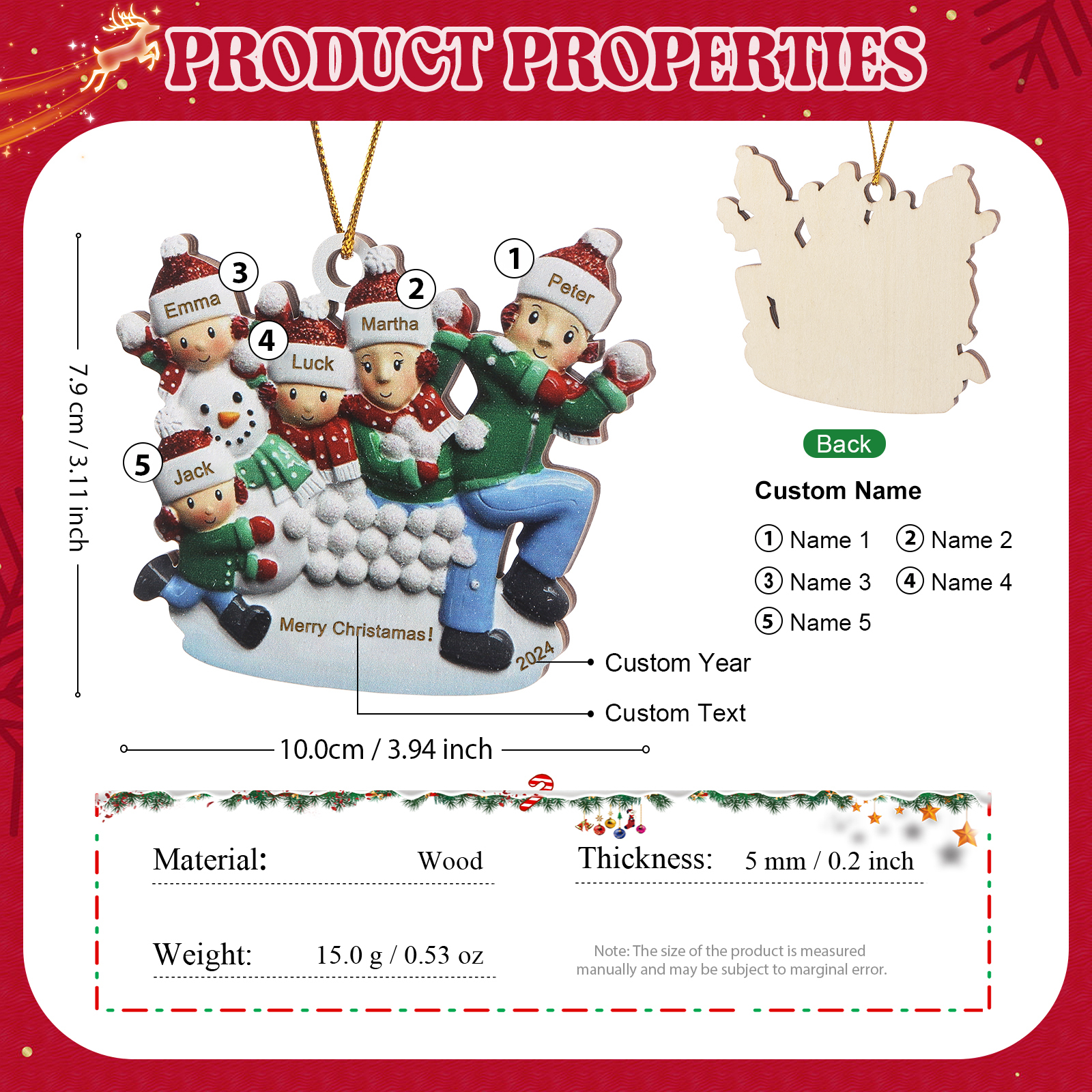 Holz Personalisierter 3-6 Namen & Text & Jahr Weihnachtsornament – Familien & Schneemann im Schnee Holzanhänger