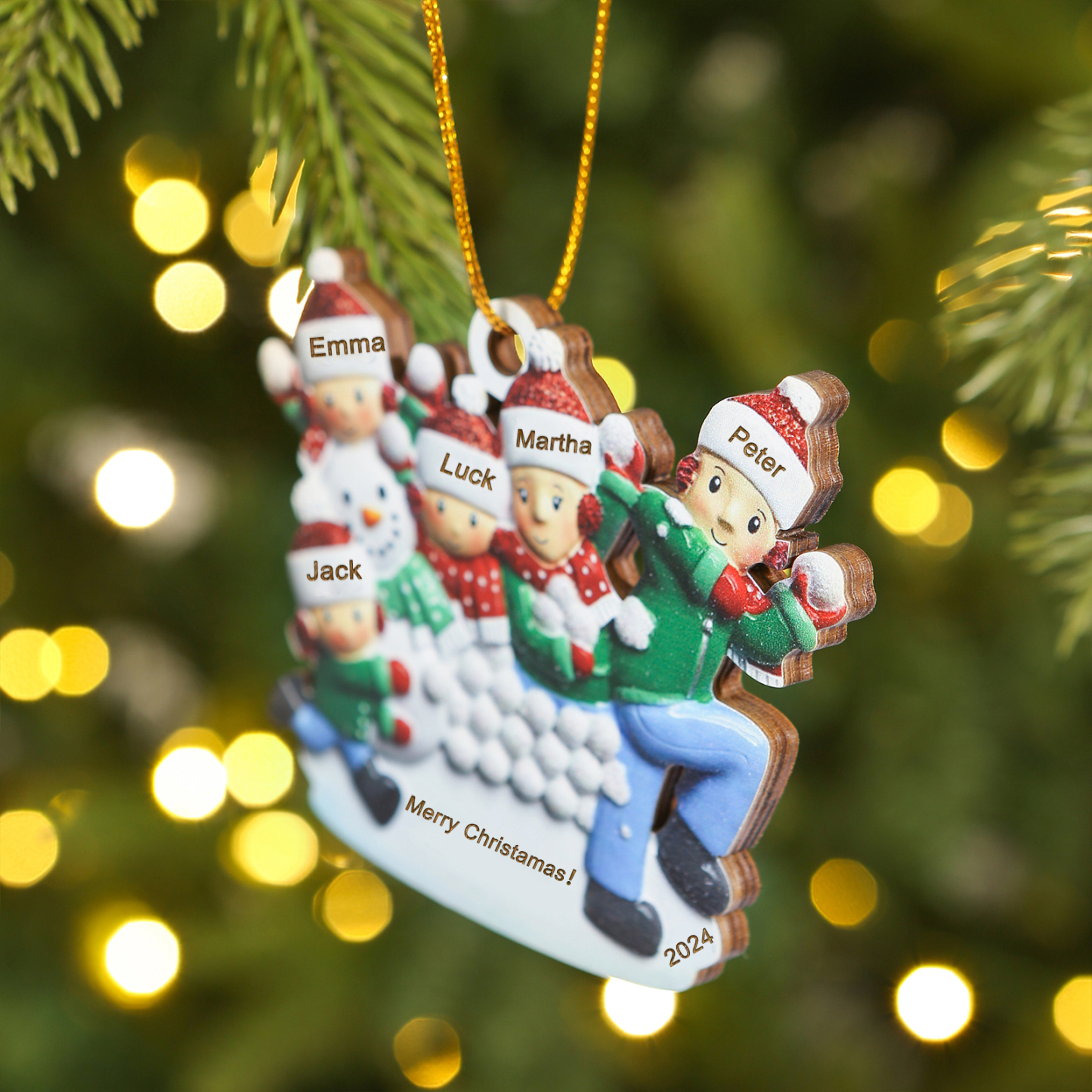 Holz Personalisierter 3-6 Namen & Text & Jahr Weihnachtsornament – Familien & Schneemann im Schnee Holzanhänger