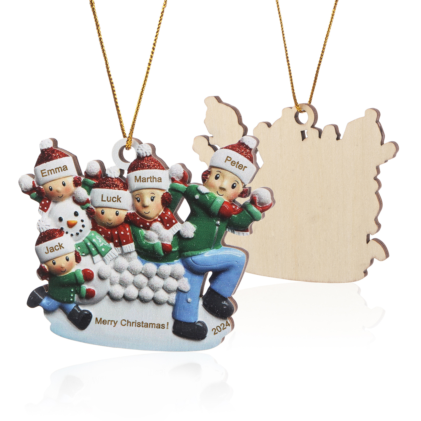 Holz Personalisierter 3-6 Namen & Text & Jahr Weihnachtsornament – Familien & Schneemann im Schnee Holzanhänger