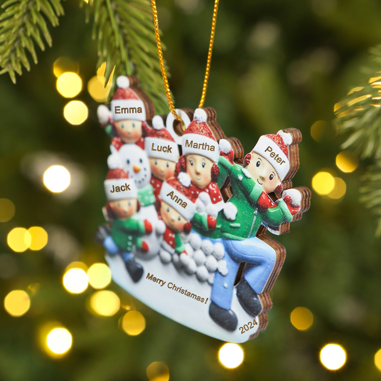 Holz Personalisierter 3-6 Namen & Text & Jahr Weihnachtsornament – Familien & Schneemann im Schnee Holzanhänger