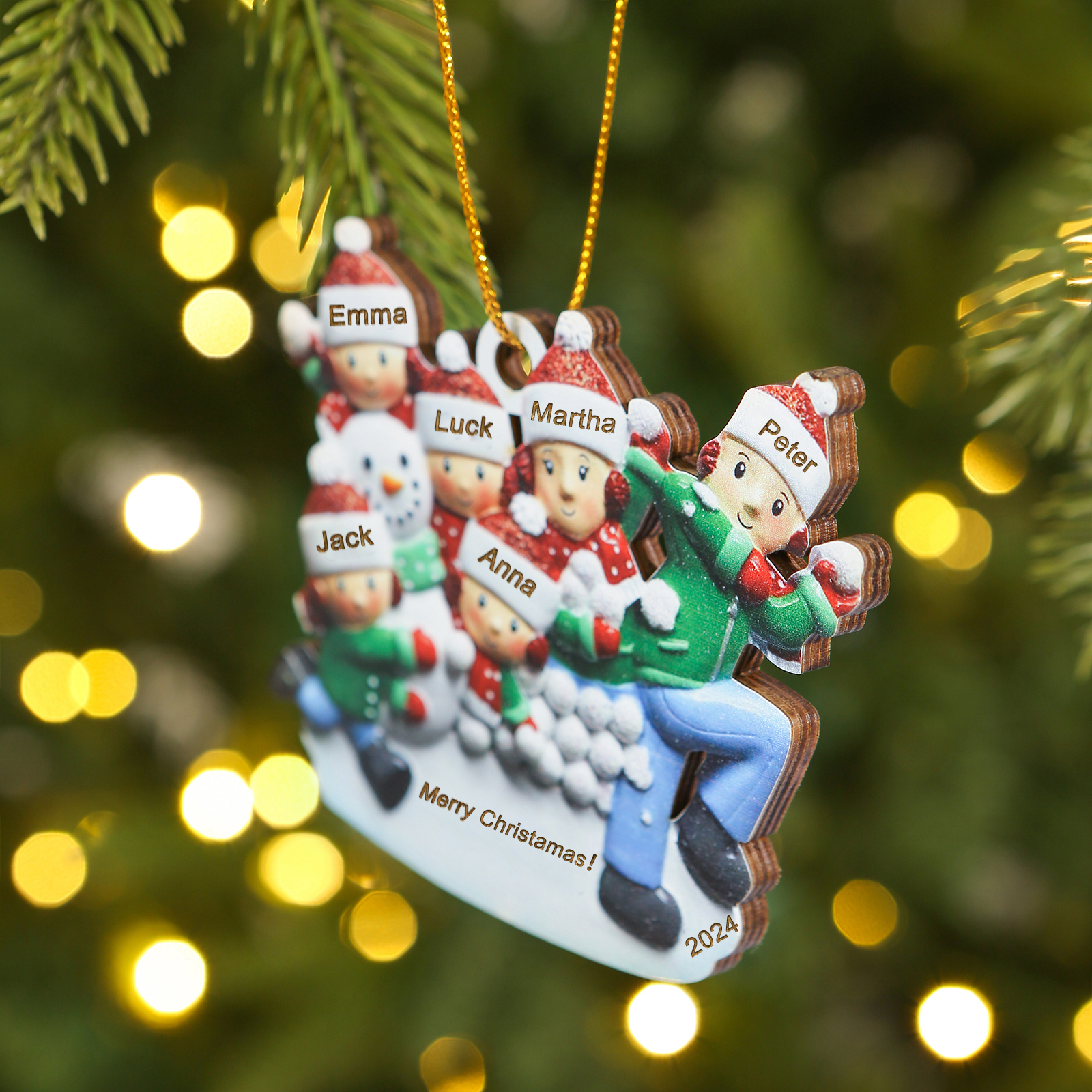 Holz Personalisierter 3-6 Namen & Text & Jahr Weihnachtsornament – Familien & Schneemann im Schnee Holzanhänger