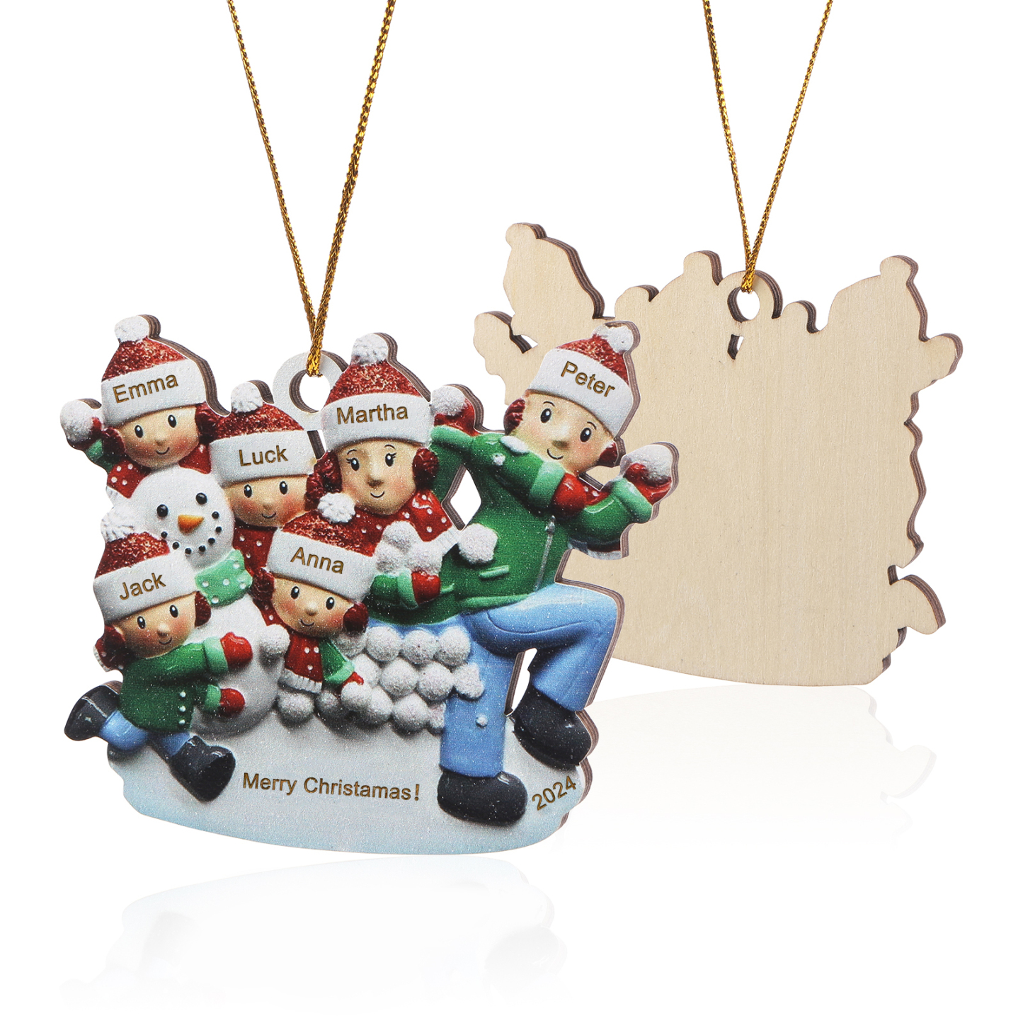 Holz Personalisierter 3-6 Namen & Text & Jahr Weihnachtsornament – Familien & Schneemann im Schnee Holzanhänger