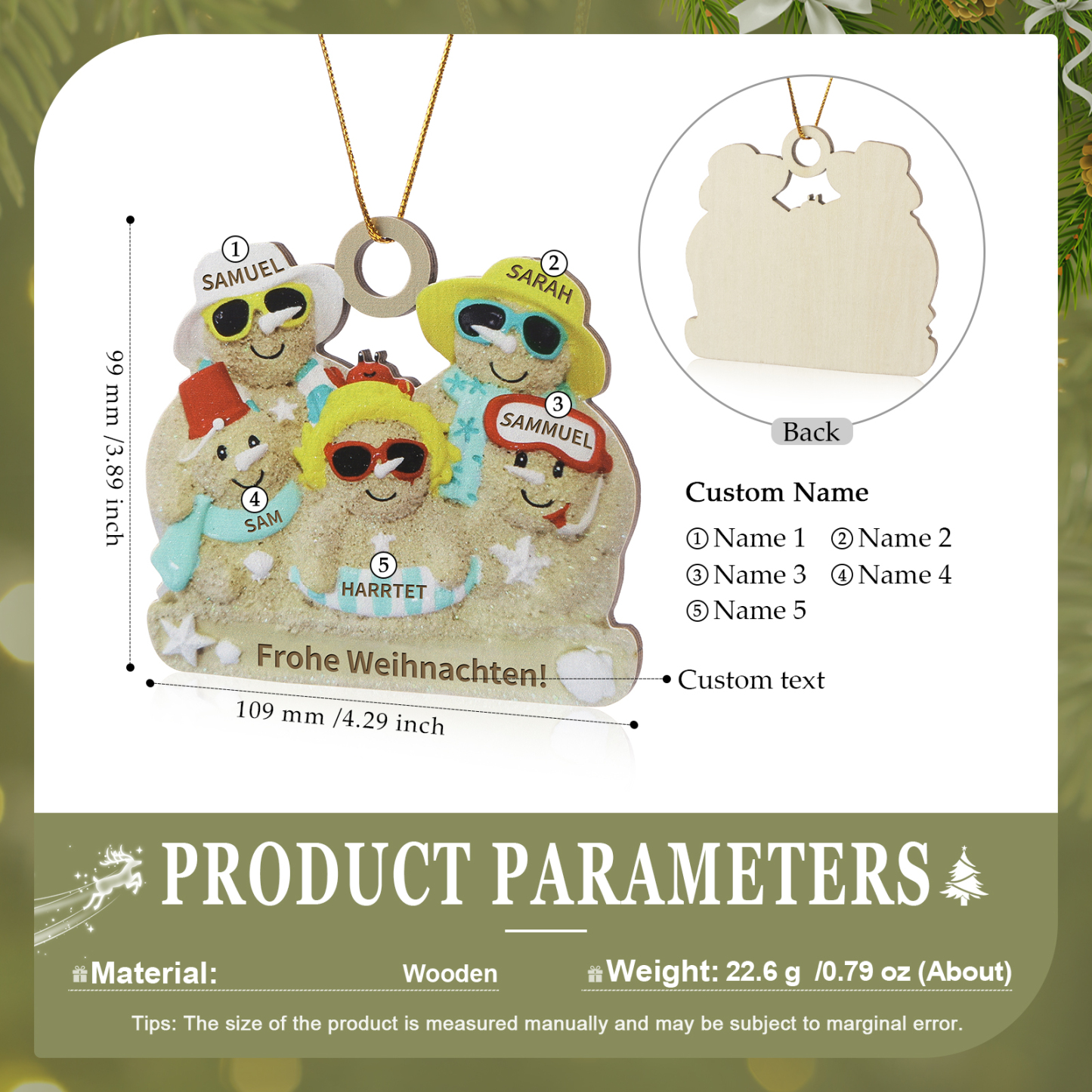 Holz Personalisierter 2-6 Namen & Text Weihnachtsornament – Lustiger Familien-Holzanhänger