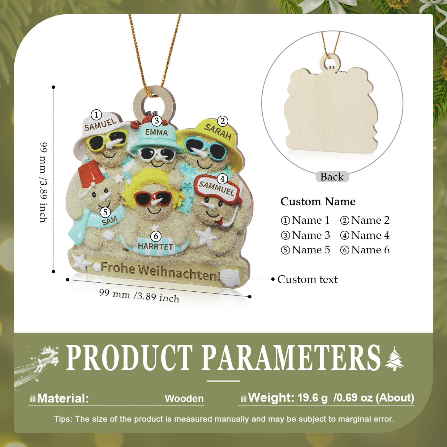 Holz Personalisierter 2-6 Namen & Text Weihnachtsornament – Lustiger Familien-Holzanhänger