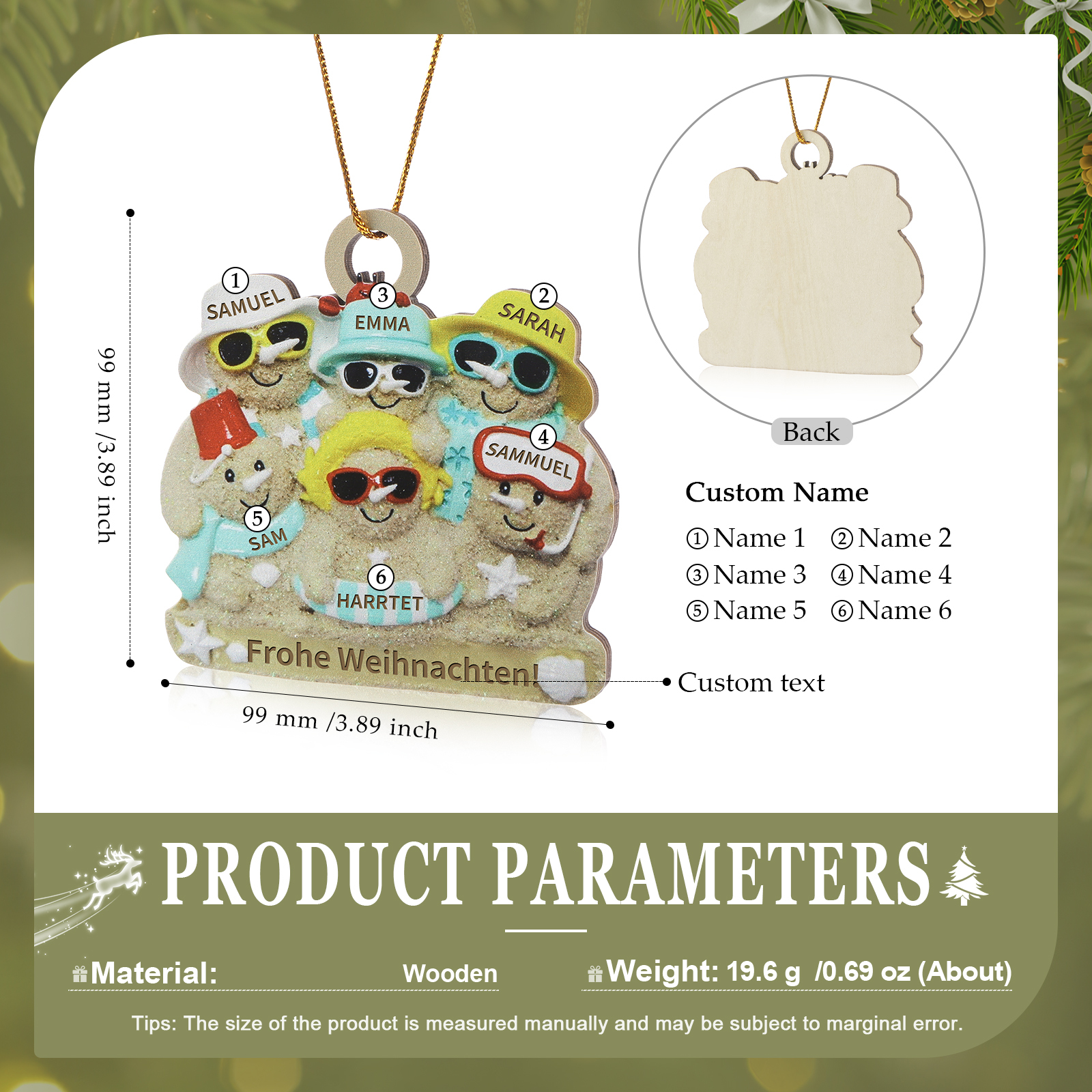 Holz Personalisierter 2-6 Namen & Text Weihnachtsornament – Lustiger Familien-Holzanhänger