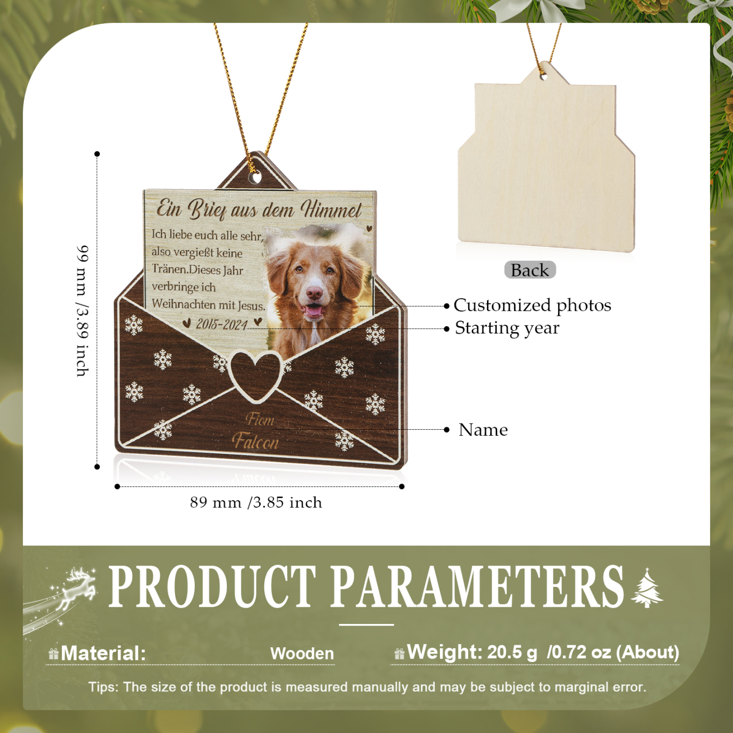 Holz Weihnachtsornament – Personalisiertes Foto & Name & Jahr Weihnachtsanhänger – Haustier Erinnerungsanhänger