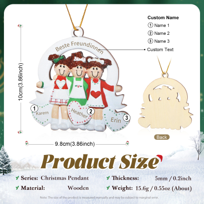 Holz Weihnachtsornament – Personalisierter Text & 3 Namen Beste Freundinnen Weihnachtsanhänger