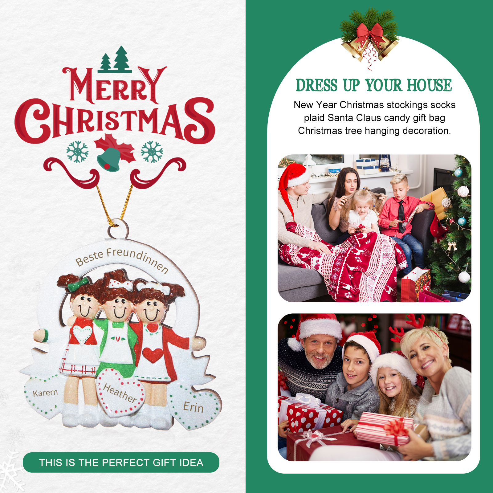 Holz Weihnachtsornament – Personalisierter Text & 3 Namen Beste Freundinnen Weihnachtsanhänger