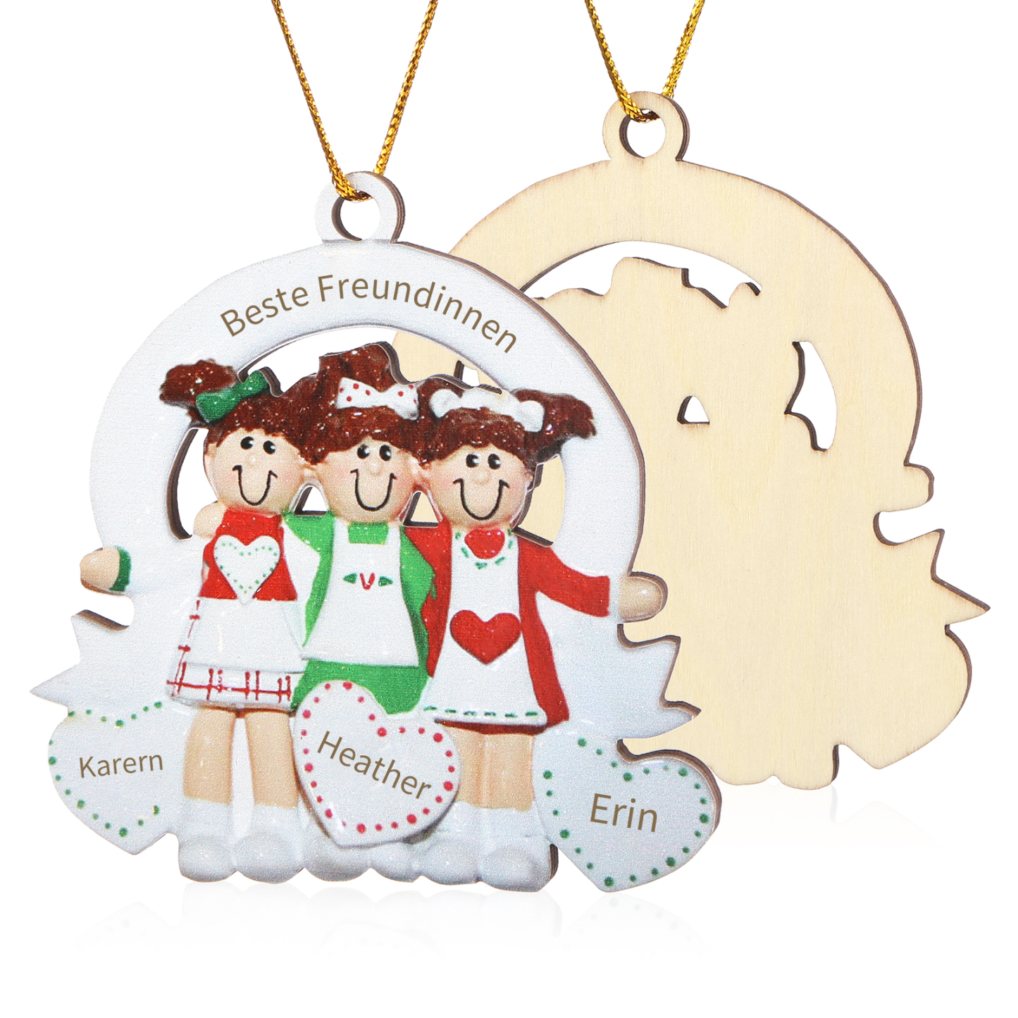 Holz Weihnachtsornament – Personalisierter Text & 3 Namen Beste Freundinnen Weihnachtsanhänger