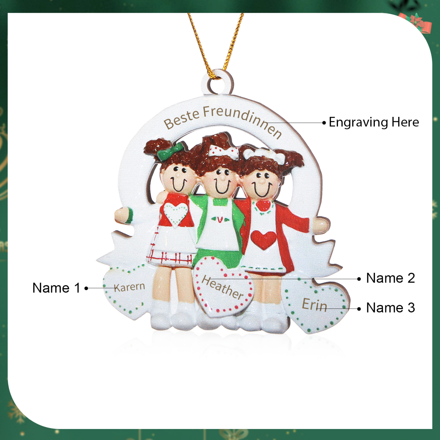 Holz Weihnachtsornament – Personalisierter Text & 3 Namen Beste Freundinnen Weihnachtsanhänger
