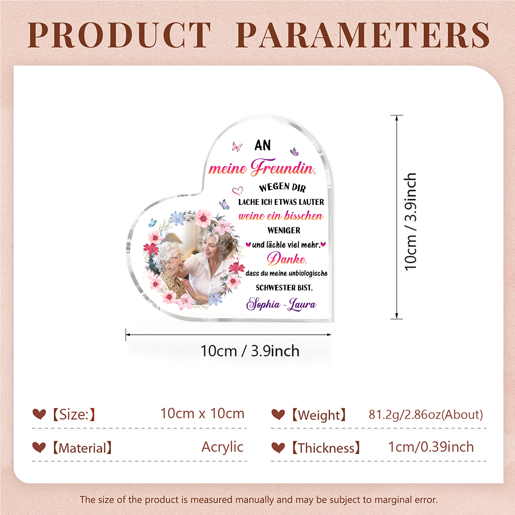 Personalisierter 1 Text & Foto Herz Acryl-Deko -Danke, dass du meine unbiologische Schwester bist.- Schreibtischdekoration für beste Freundin