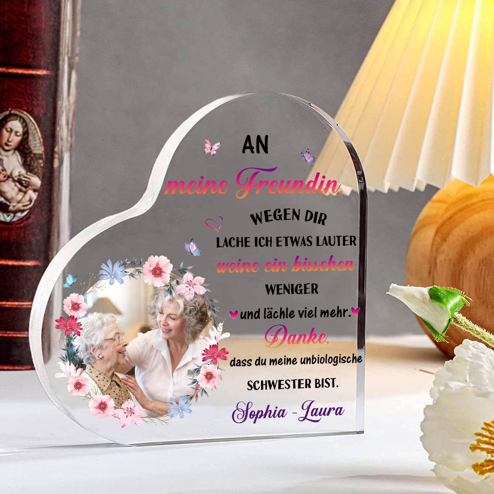 Personalisierter 1 Text & Foto Herz Acryl-Deko -Danke, dass du meine unbiologische Schwester bist.- Schreibtischdekoration für beste Freundin