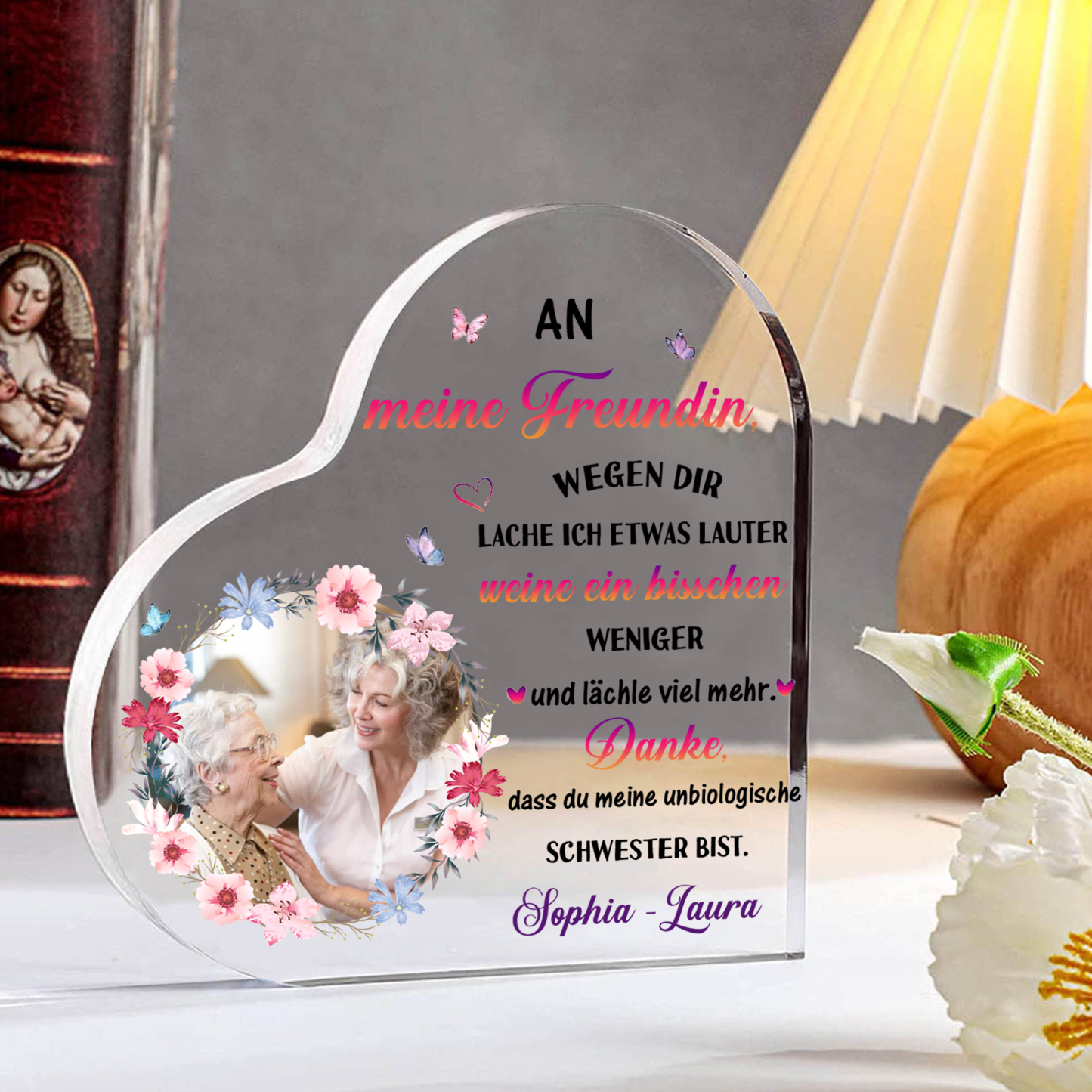 Personalisierter 1 Text & Foto Herz Acryl-Deko -Danke, dass du meine unbiologische Schwester bist.- Schreibtischdekoration für beste Freundin