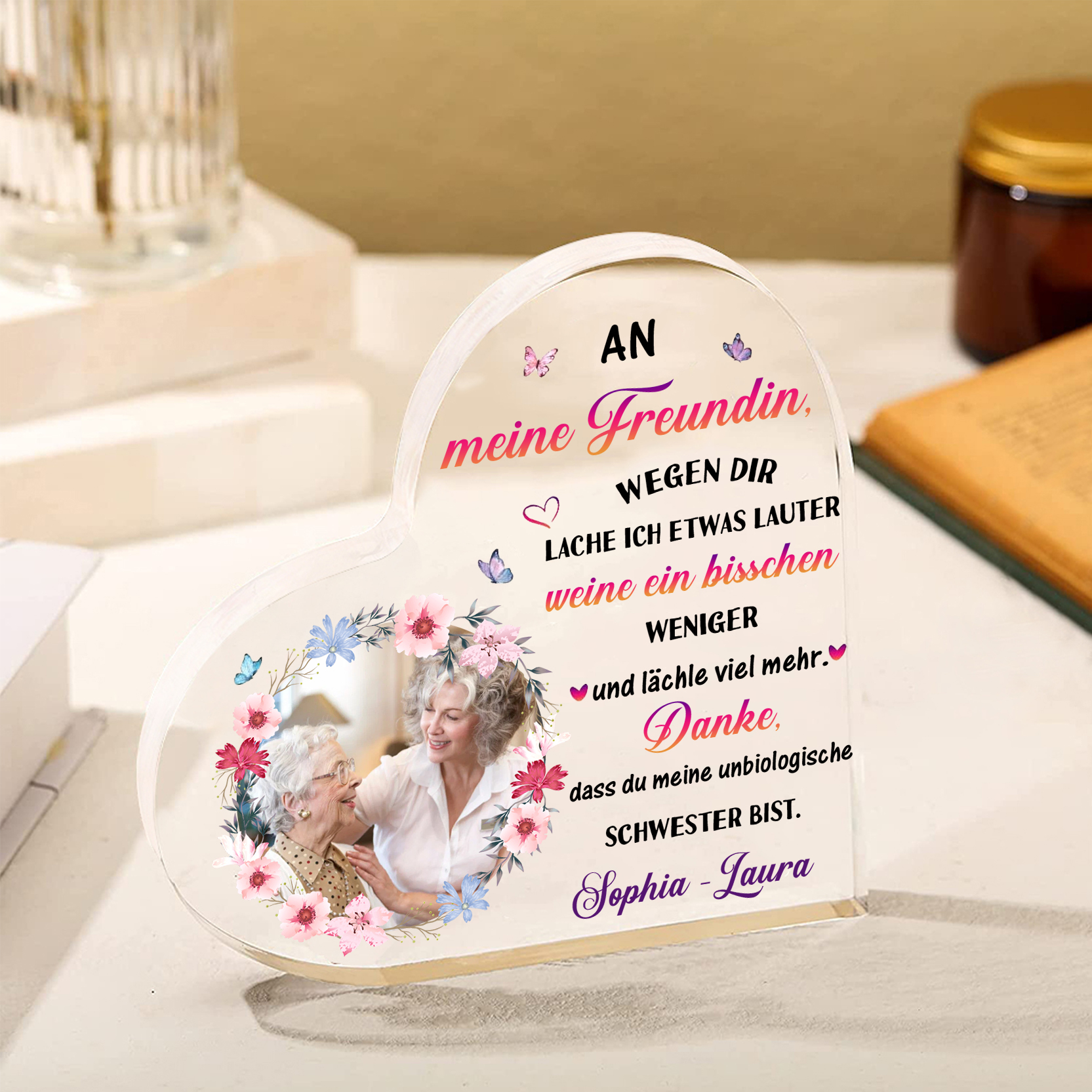 Personalisierter 1 Text & Foto Herz Acryl-Deko -Danke, dass du meine unbiologische Schwester bist.- Schreibtischdekoration für beste Freundin